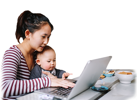 A mother holding her child while research healthcare costs online